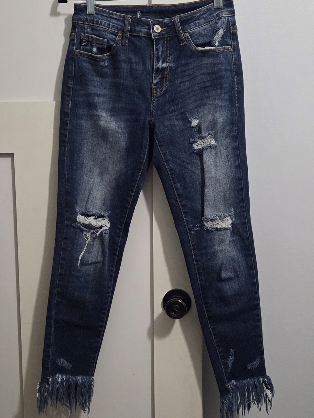 KanCan Dark Blue Distressed Skinny Jeans with Frayed Hem